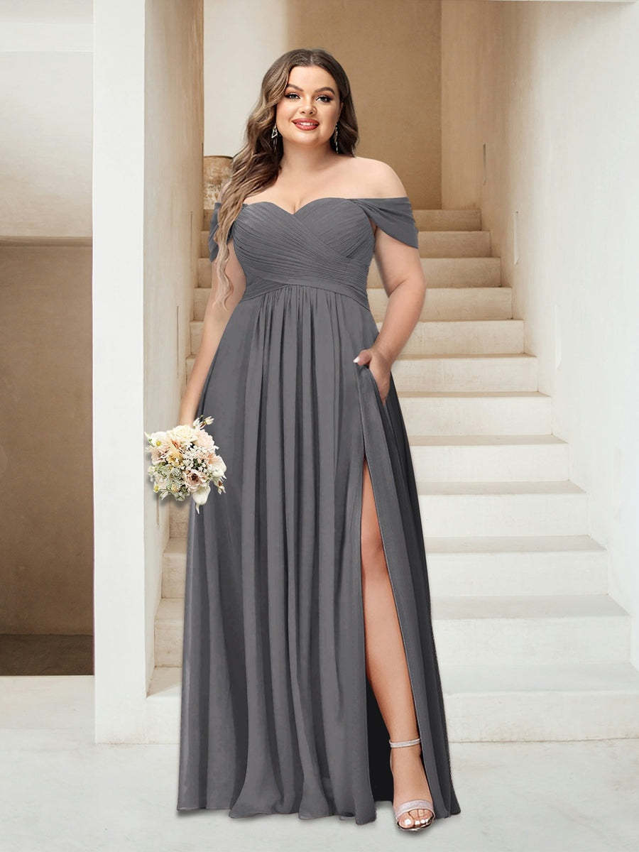 Plus Size Sleeveless Chiffon Bridesmaid Dresses with Pockets in A-Line/Princess Off-the-Shoulder Style-BMbridal.UK