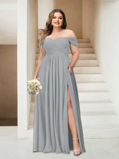Plus Size Sleeveless Chiffon Bridesmaid Dresses with Pockets in A-Line/Princess Off-the-Shoulder Style-BMbridal.UK