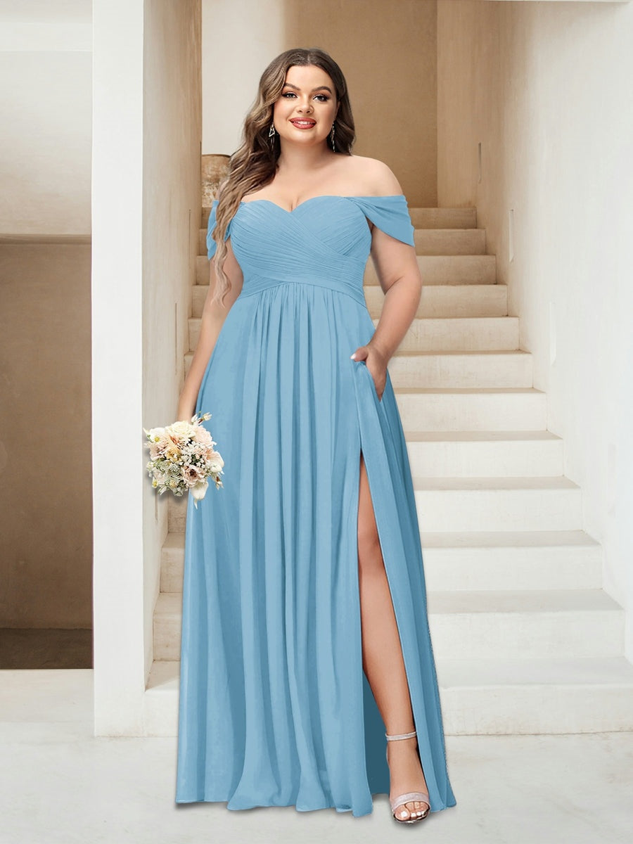 Plus Size Sleeveless Chiffon Bridesmaid Dresses with Pockets in A-Line/Princess Off-the-Shoulder Style-BMbridal.UK