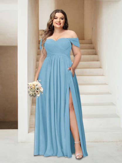 Plus Size Sleeveless Chiffon Bridesmaid Dresses with Pockets in A-Line/Princess Off-the-Shoulder Style-BMbridal.UK