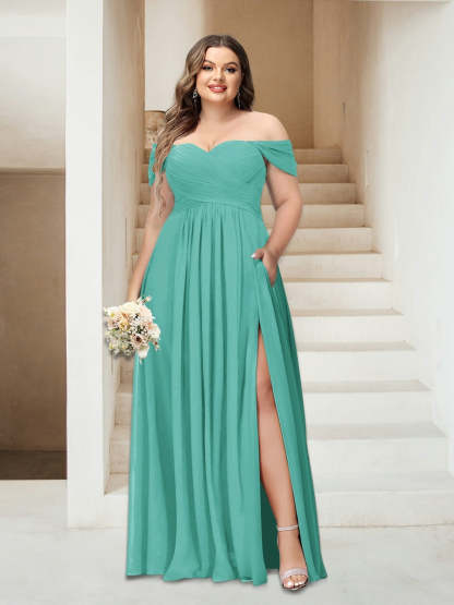 Plus Size Sleeveless Chiffon Bridesmaid Dresses with Pockets in A-Line/Princess Off-the-Shoulder Style-BMbridal.UK