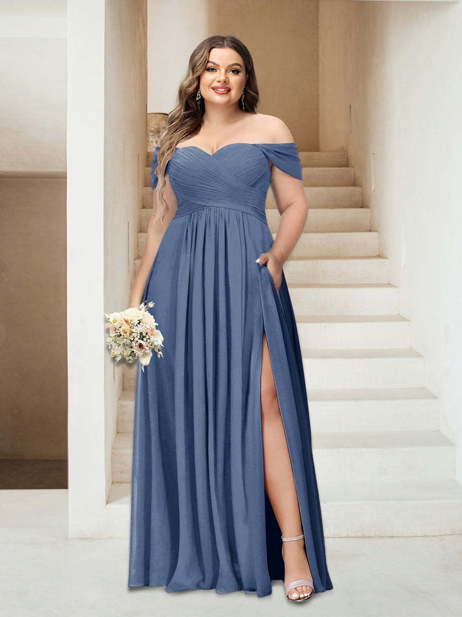 Plus Size Sleeveless Chiffon Bridesmaid Dresses with Pockets in A-Line/Princess Off-the-Shoulder Style-BMbridal.UK