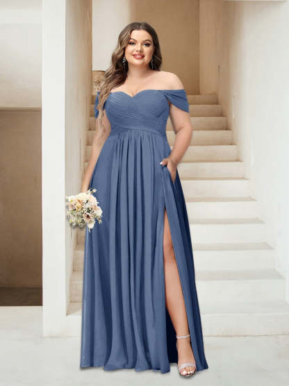 Plus Size Sleeveless Chiffon Bridesmaid Dresses with Pockets in A-Line/Princess Off-the-Shoulder Style-BMbridal.UK