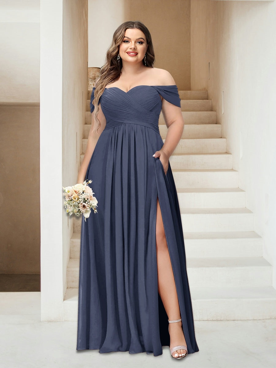 Plus Size Sleeveless Chiffon Bridesmaid Dresses with Pockets in A-Line/Princess Off-the-Shoulder Style-BMbridal.UK