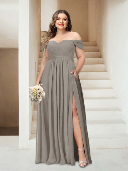 Plus Size Sleeveless Chiffon Bridesmaid Dresses with Pockets in A-Line/Princess Off-the-Shoulder Style-BMbridal.UK