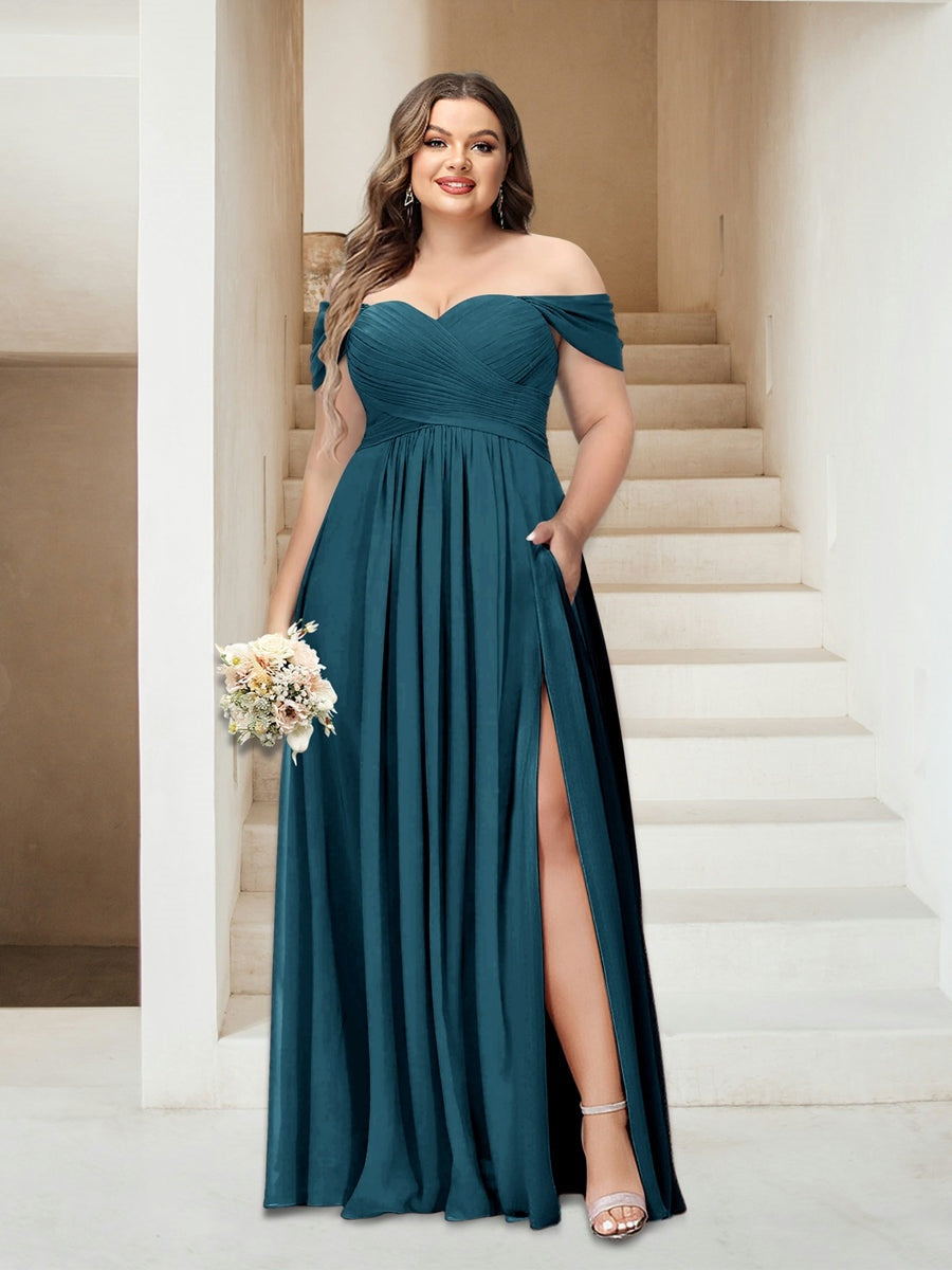 Plus Size Sleeveless Chiffon Bridesmaid Dresses with Pockets in A-Line/Princess Off-the-Shoulder Style-BMbridal.UK