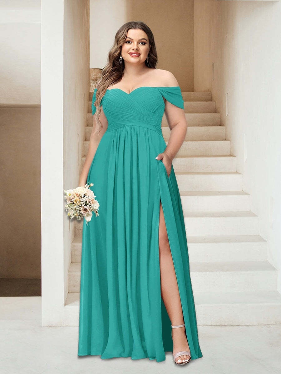 Plus Size Sleeveless Chiffon Bridesmaid Dresses with Pockets in A-Line/Princess Off-the-Shoulder Style-BMbridal.UK