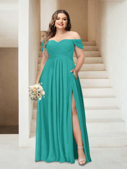 Plus Size Sleeveless Chiffon Bridesmaid Dresses with Pockets in A-Line/Princess Off-the-Shoulder Style-BMbridal.UK