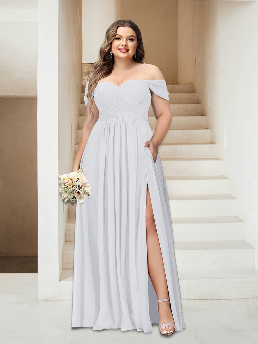 Plus Size Sleeveless Chiffon Bridesmaid Dresses with Pockets in A-Line/Princess Off-the-Shoulder Style-BMbridal.UK