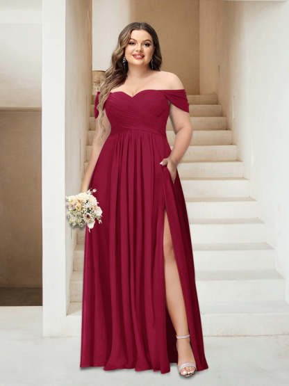 Plus Size Sleeveless Chiffon Bridesmaid Dresses with Pockets in A-Line/Princess Off-the-Shoulder Style-BMbridal.UK