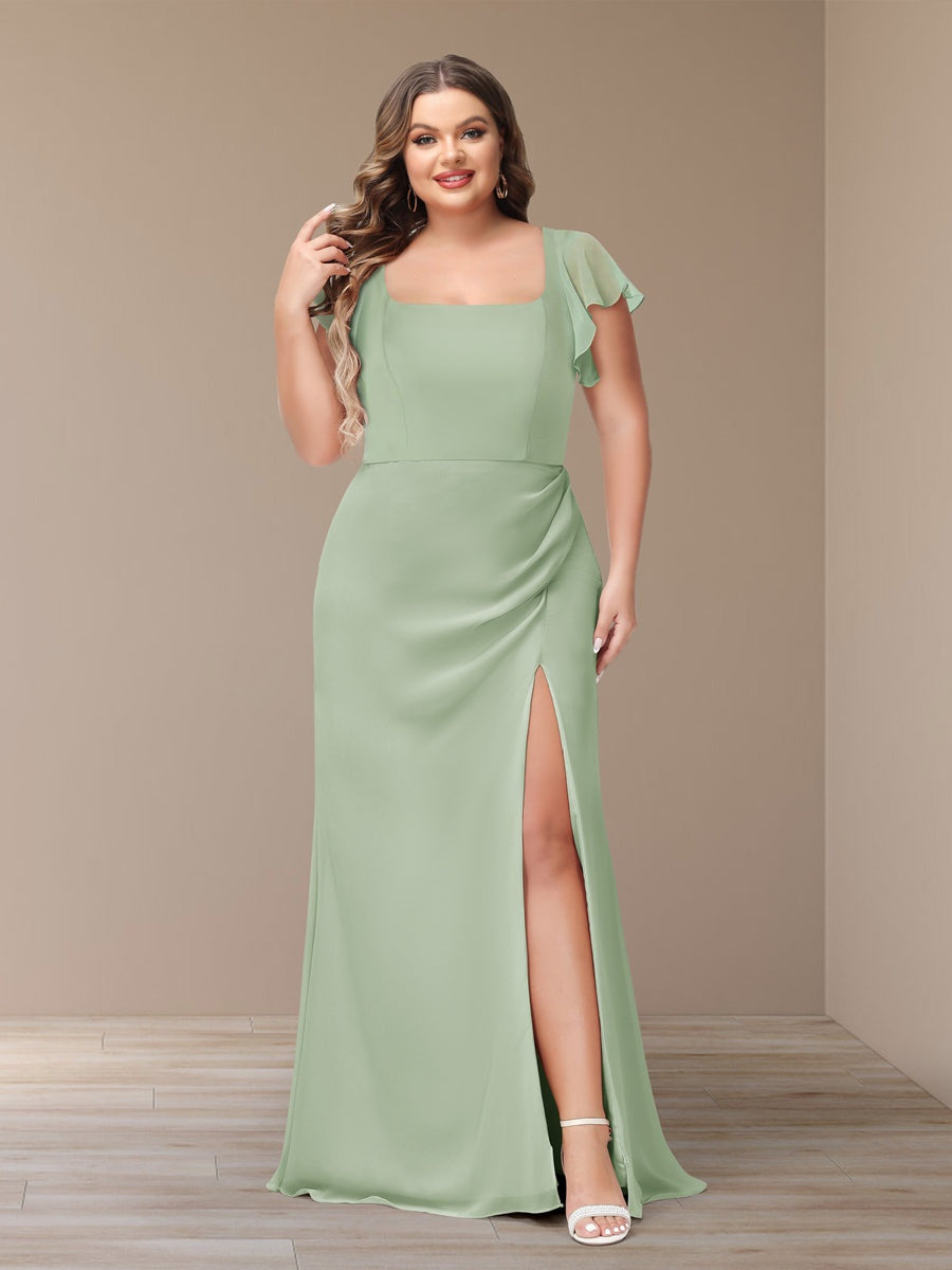 Plus Size Chiffon Bridesmaid Dress with Side Split and Short Sleeves