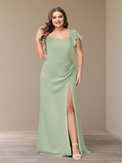 Plus Size Chiffon Bridesmaid Dress with Side Split and Short Sleeves