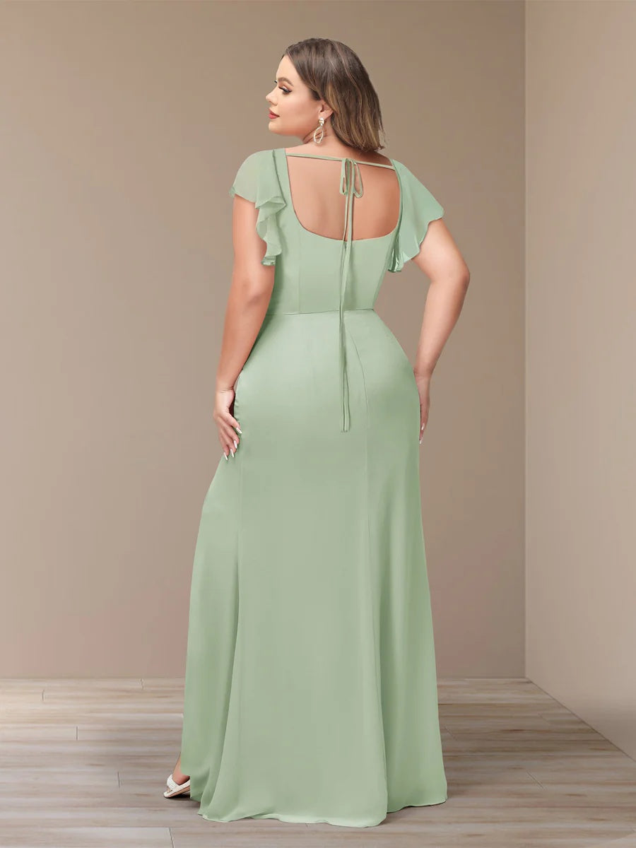 Plus Size Chiffon Bridesmaid Dress with Side Split and Short Sleeves