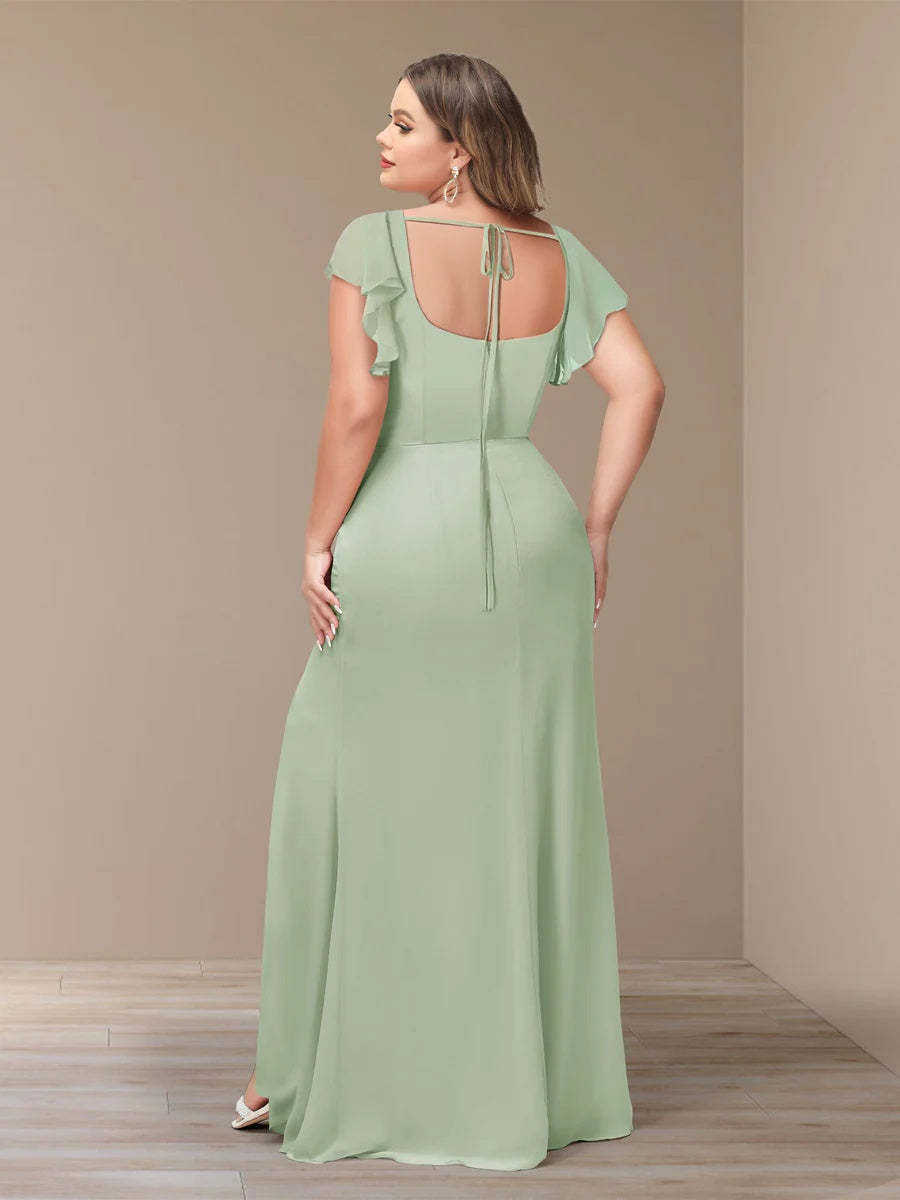 Plus Size Chiffon Bridesmaid Dress with Side Split and Short Sleeves
