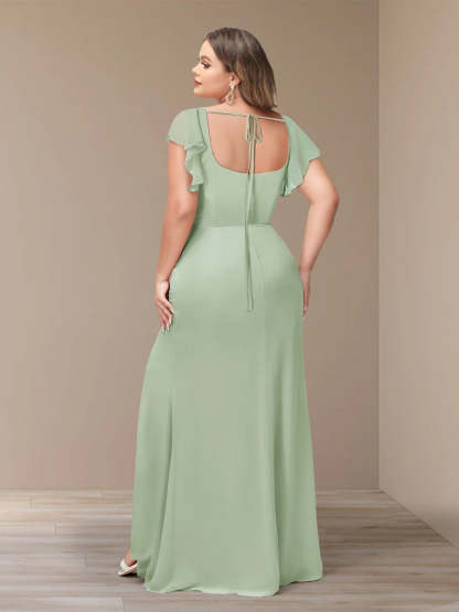 Plus Size Chiffon Bridesmaid Dress with Side Split and Short Sleeves