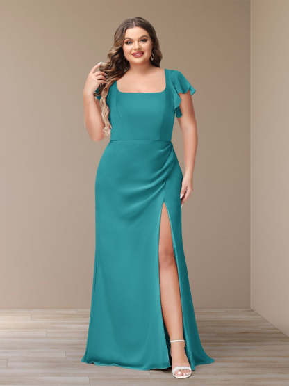 Plus Size Chiffon Bridesmaid Dress with Side Split and Short Sleeves