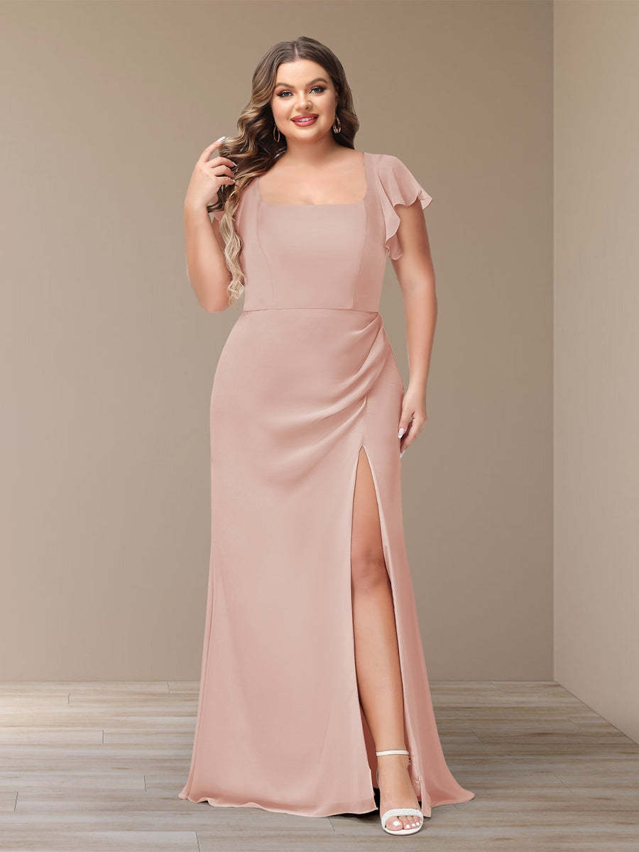 Plus Size Chiffon Bridesmaid Dress with Side Split and Short Sleeves