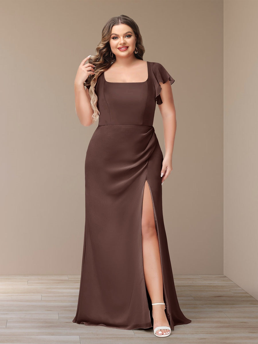Plus Size Chiffon Bridesmaid Dress with Side Split and Short Sleeves