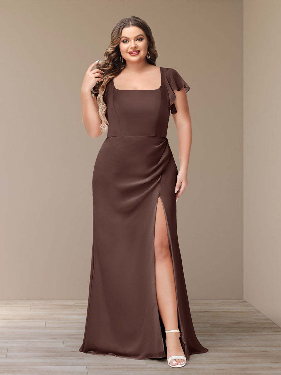 Plus Size Chiffon Bridesmaid Dress with Side Split and Short Sleeves
