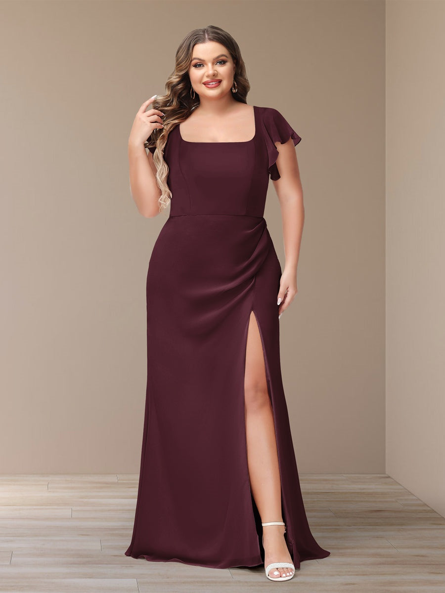 Plus Size Chiffon Bridesmaid Dress with Side Split and Short Sleeves