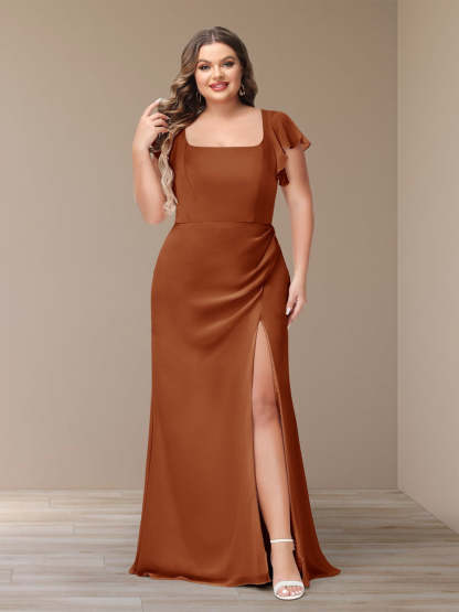 Plus Size Chiffon Bridesmaid Dress with Side Split and Short Sleeves