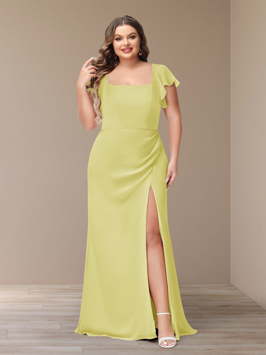 Plus Size Chiffon Bridesmaid Dress with Side Split and Short Sleeves