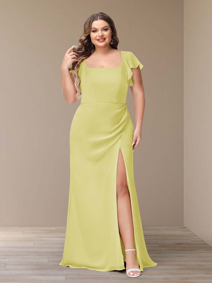 Plus Size Chiffon Bridesmaid Dress with Side Split and Short Sleeves