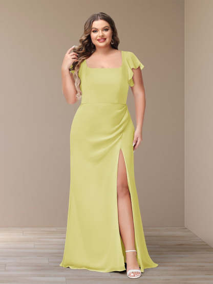 Plus Size Chiffon Bridesmaid Dress with Side Split and Short Sleeves