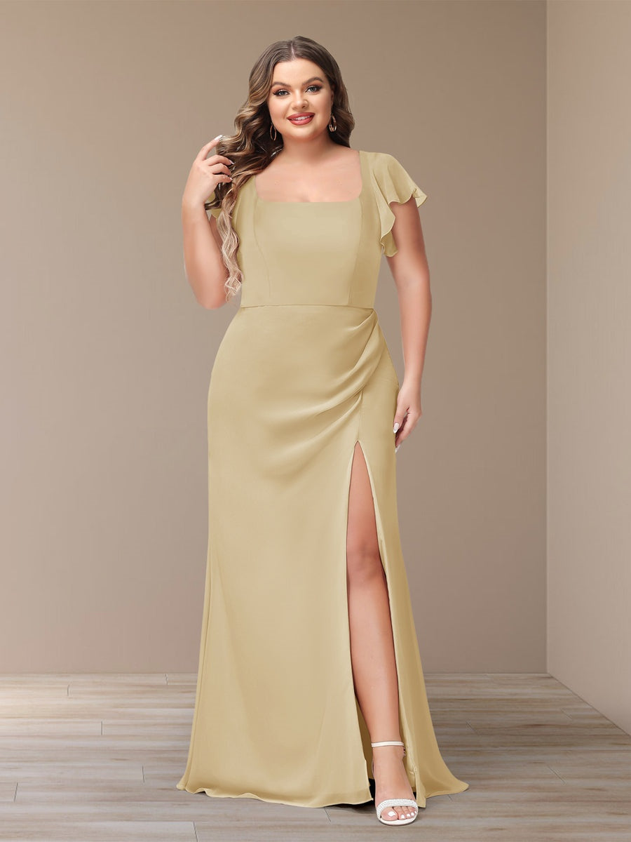 Plus Size Chiffon Bridesmaid Dress with Side Split and Short Sleeves