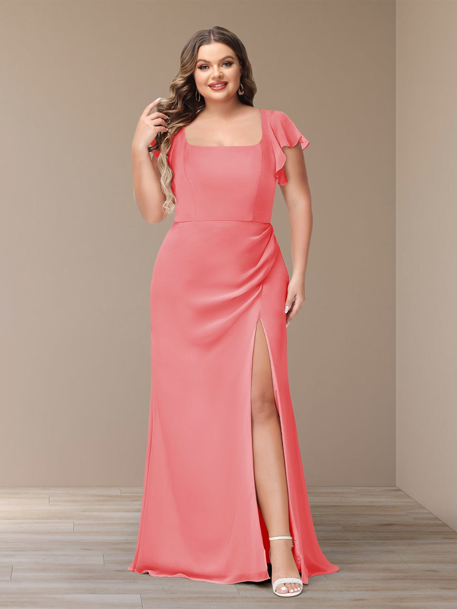 Plus Size Chiffon Bridesmaid Dress with Side Split and Short Sleeves