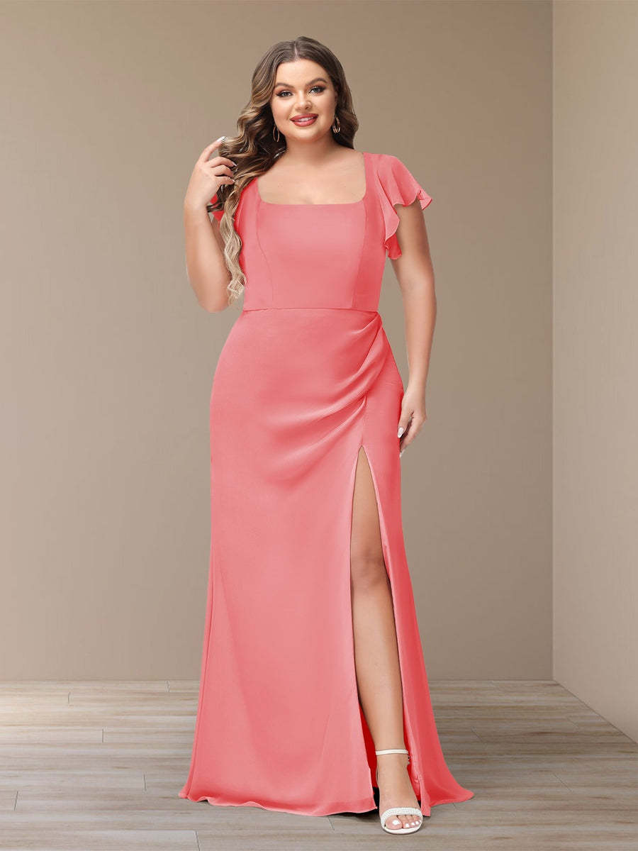 Plus Size Chiffon Bridesmaid Dress with Side Split and Short Sleeves