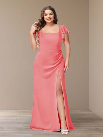Plus Size Chiffon Bridesmaid Dress with Side Split and Short Sleeves