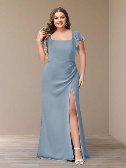 Plus Size Chiffon Bridesmaid Dress with Side Split and Short Sleeves