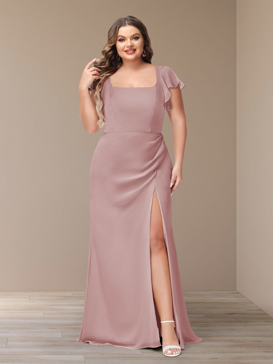 Plus Size Chiffon Bridesmaid Dress with Side Split and Short Sleeves