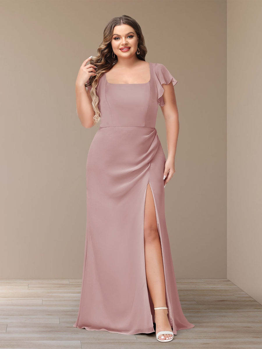Plus Size Chiffon Bridesmaid Dress with Side Split and Short Sleeves