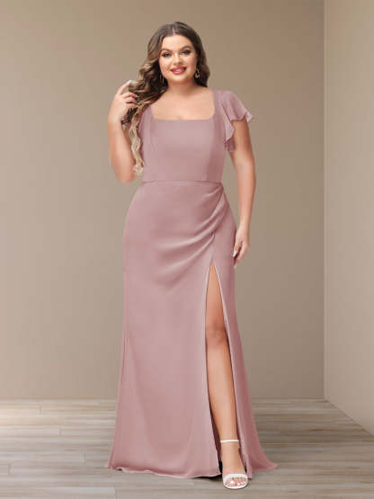 Plus Size Chiffon Bridesmaid Dress with Side Split and Short Sleeves