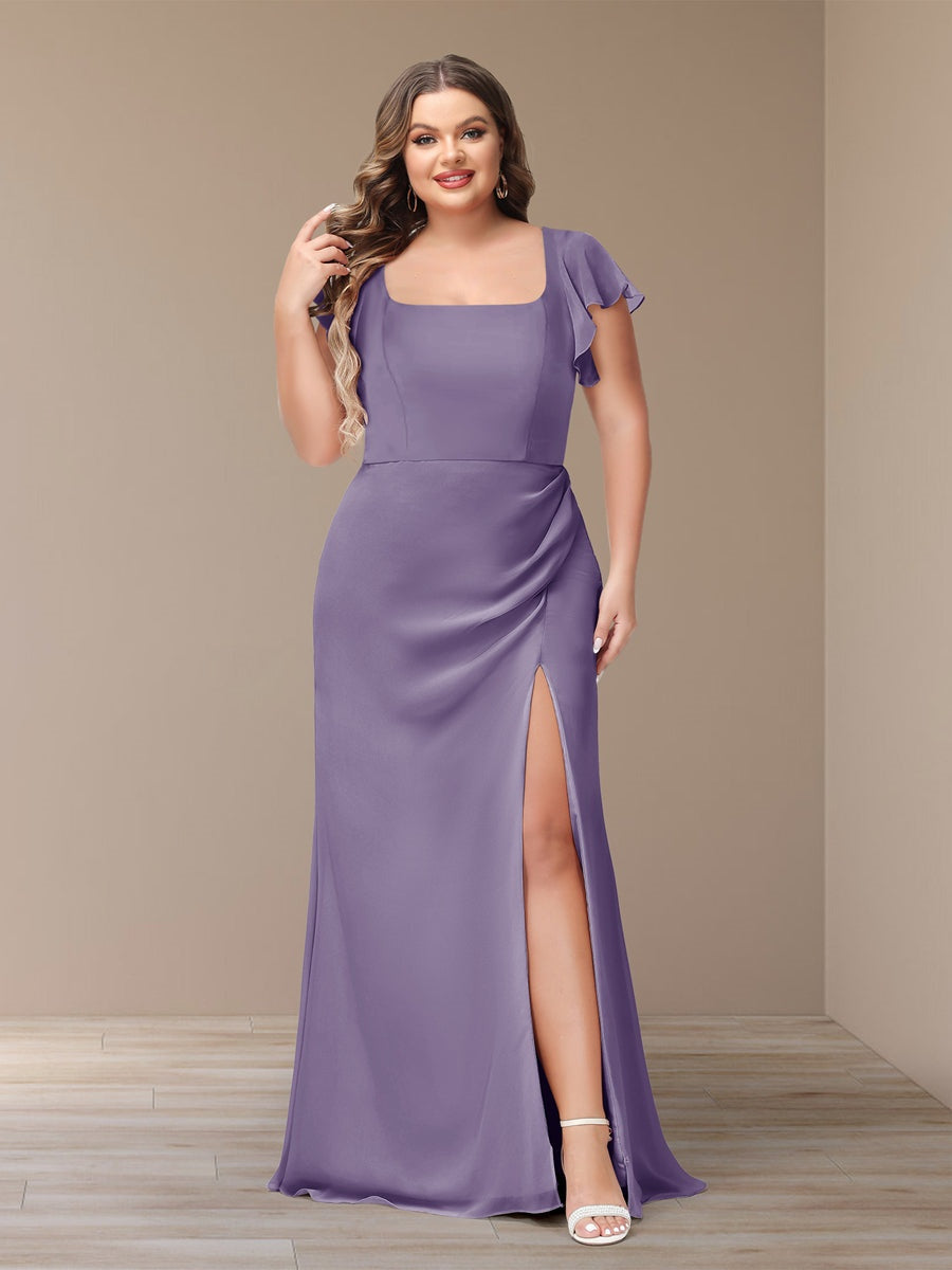 Plus Size Chiffon Bridesmaid Dress with Side Split and Short Sleeves