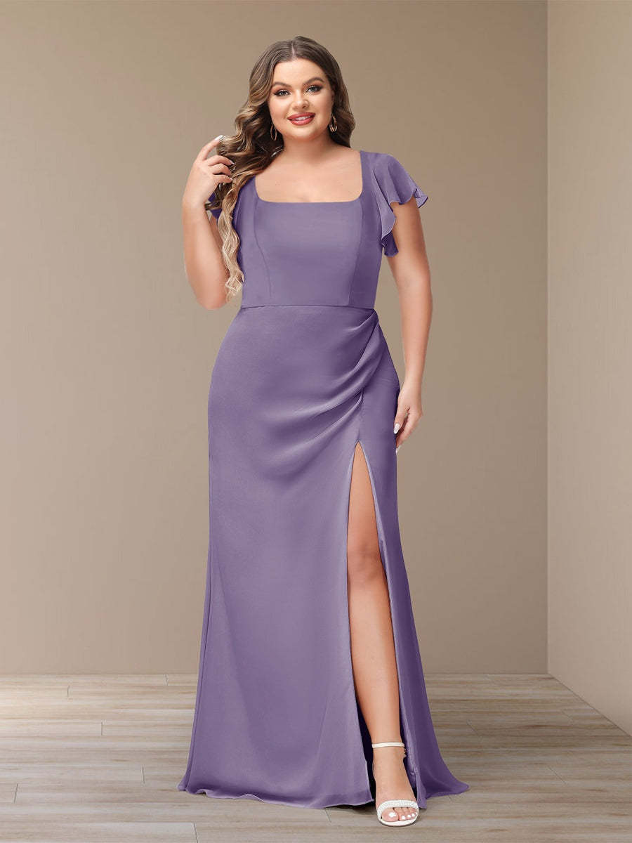 Plus Size Chiffon Bridesmaid Dress with Side Split and Short Sleeves