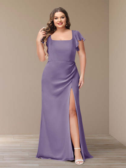 Plus Size Chiffon Bridesmaid Dress with Side Split and Short Sleeves