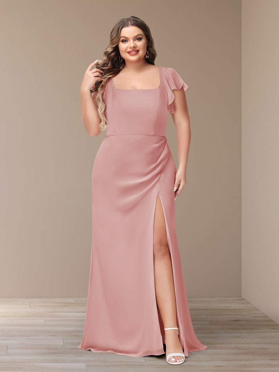 Plus Size Chiffon Bridesmaid Dress with Side Split and Short Sleeves