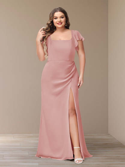 Plus Size Chiffon Bridesmaid Dress with Side Split and Short Sleeves