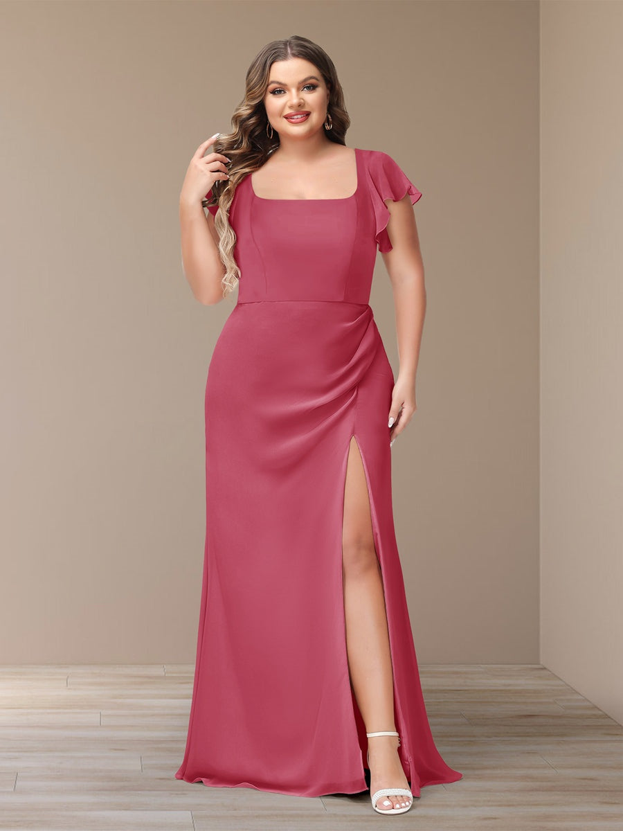 Plus Size Chiffon Bridesmaid Dress with Side Split and Short Sleeves