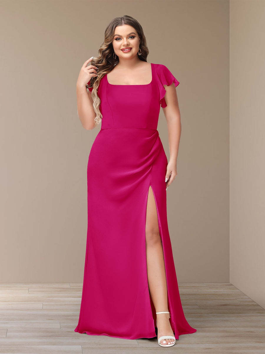 Plus Size Chiffon Bridesmaid Dress with Side Split and Short Sleeves