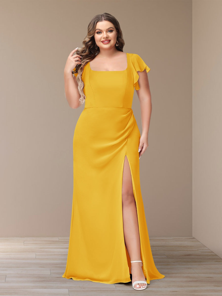 Plus Size Chiffon Bridesmaid Dress with Side Split and Short Sleeves