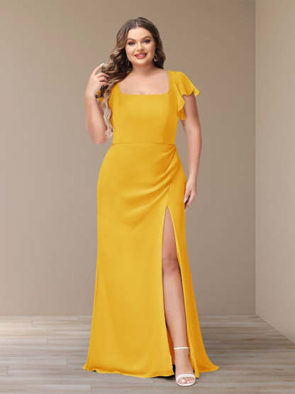 Plus Size Chiffon Bridesmaid Dress with Side Split and Short Sleeves