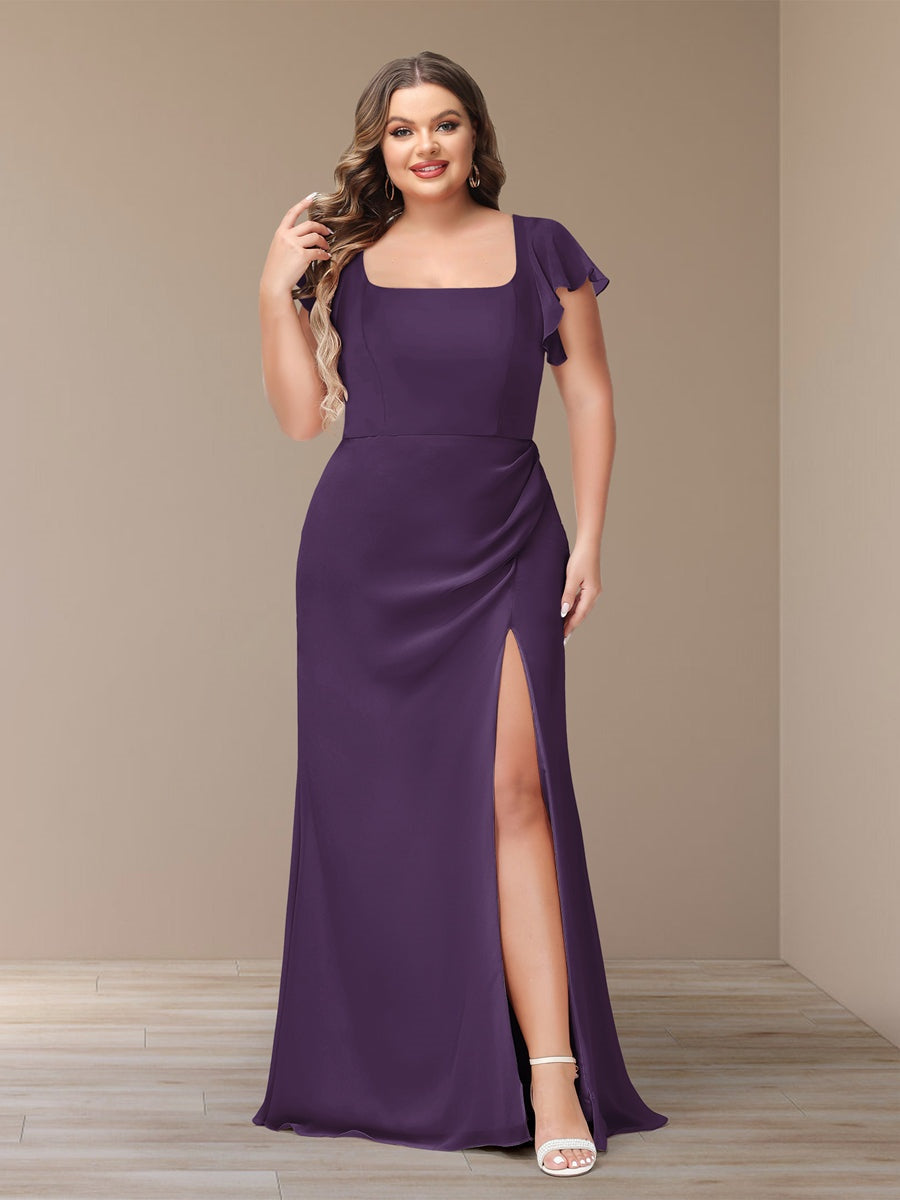 Plus Size Chiffon Bridesmaid Dress with Side Split and Short Sleeves