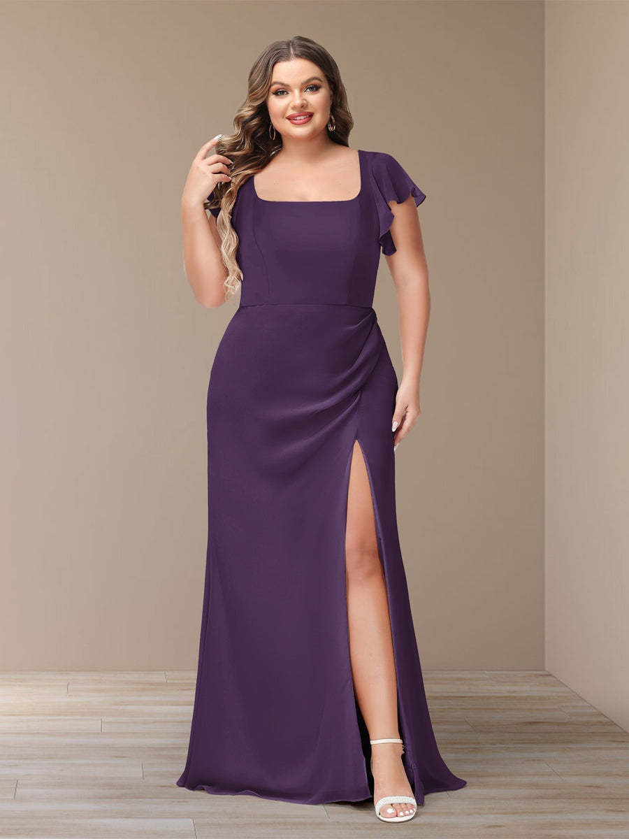 Plus Size Chiffon Bridesmaid Dress with Side Split and Short Sleeves