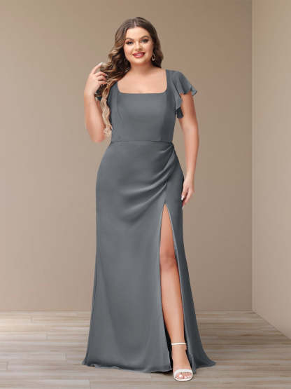 Plus Size Chiffon Bridesmaid Dress with Side Split and Short Sleeves