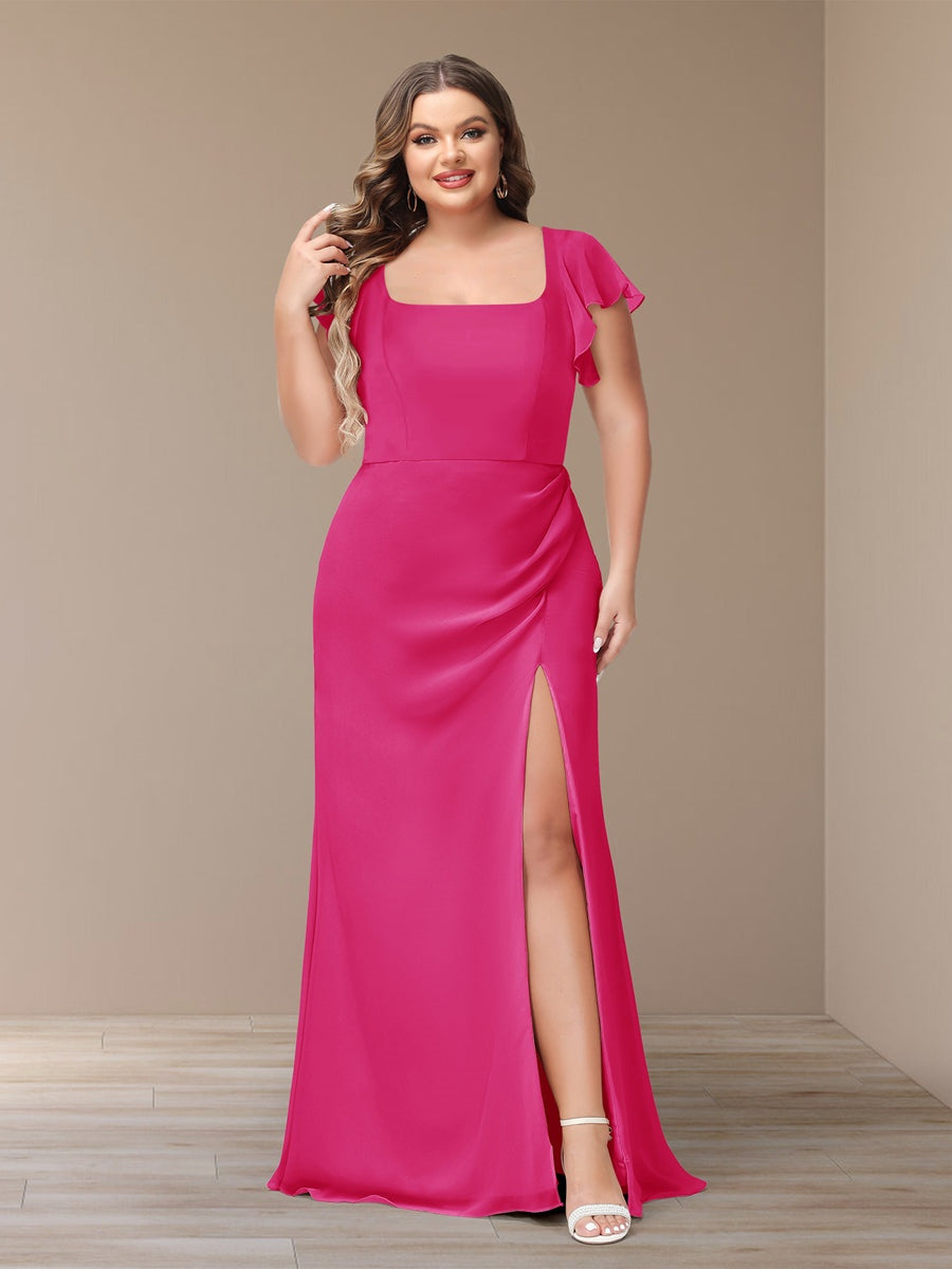 Plus Size Chiffon Bridesmaid Dress with Side Split and Short Sleeves