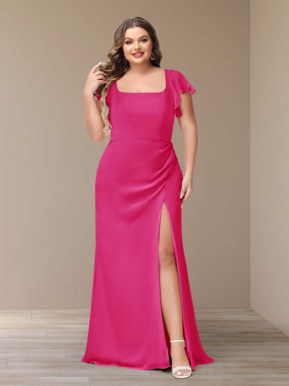 Plus Size Chiffon Bridesmaid Dress with Side Split and Short Sleeves